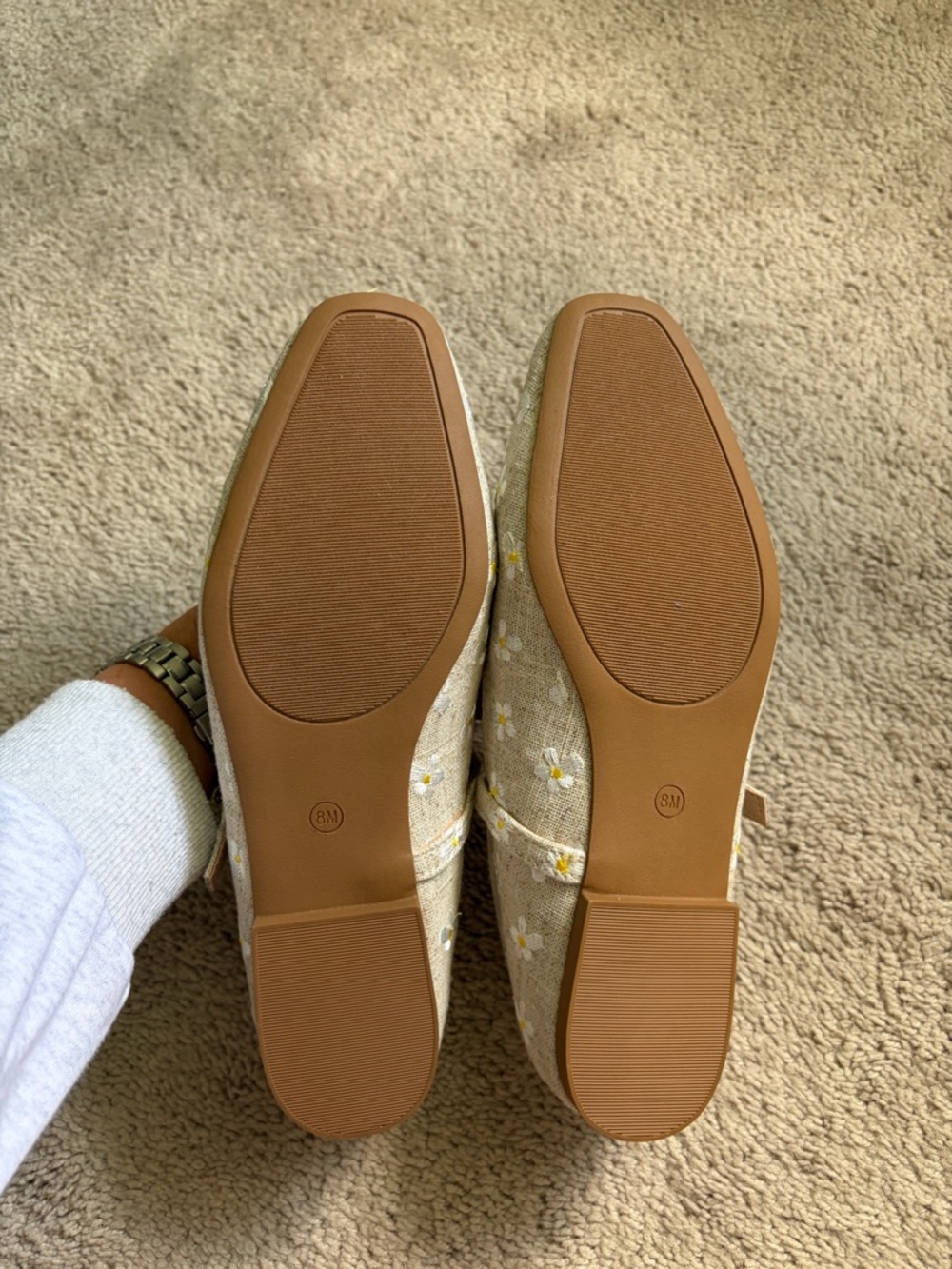 Steve Madden Women’s Boden Tan Linen Embroidered Daisy Mary Jane Flats Size 8 - Picture 3 of 6